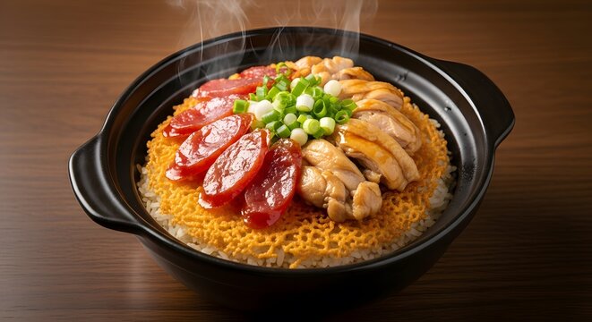 Traditional Cantonese Clay Pot Rice (Bao Zai Fan) with chicken and Chinese sausage, served steaming hot.