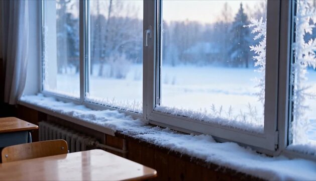 empty classroom window with snow outside for calm winter education mood perfect for world snow day