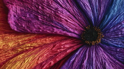 Fototapeta premium A close-up view of a vibrant, multi-colored flower revealing textured petals. Deep blues and reds transition