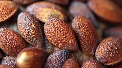A close-up view reveals a collection of textured, oval-shaped seeds with a warm, brown hue. Seeds show small bumps
