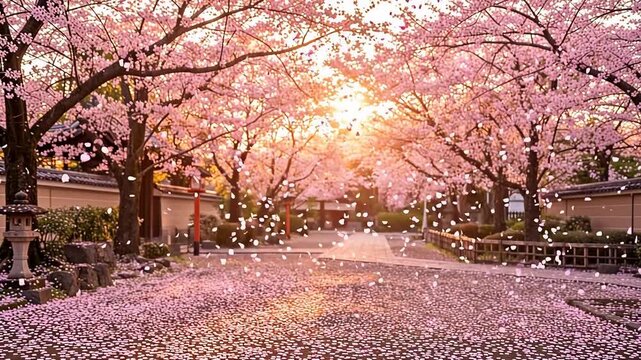 Beautiful cherry blossom trees lining a pathway in Japan with falling petals
