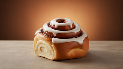 A single cinnamon roll with white icing on a wooden surface against a warm brown background