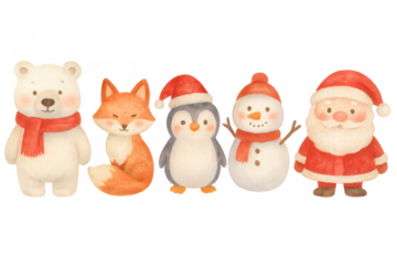 Cute watercolor christmas characters depicting winter holidays with santa claus, snowman, penguin, fox, and polar bear, transparent background