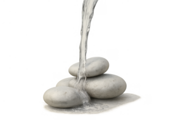 Water pouring over stacked smooth zen stones creating a calming natural spa essential for relaxation and wellness, transparent background