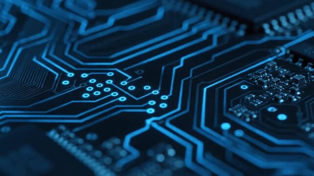 Dynamic blue electronic circuit board animation with pulsating lights and data flow visuals