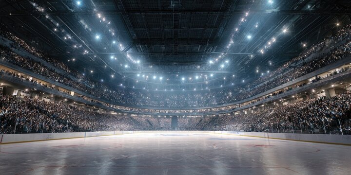 A vast, dimly lit hockey arena filled with spectators, spotlights illuminating the empty ice rink