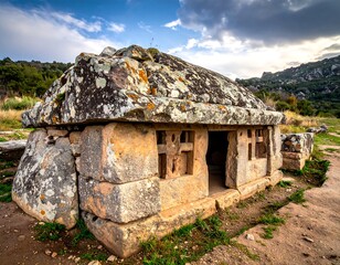 Ancient stone building with carved windows under a cloudy sky