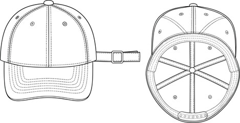 Baseball cap front and bottom view line drawing headwear front view