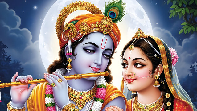 Divine Love of Radha Krishna: Lord Krishna Playing Flute with Radha under Full Moon Night Illustration