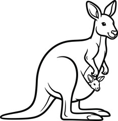 Black and white line art illustration of a kangaroo with joey in pouch baby marsupial