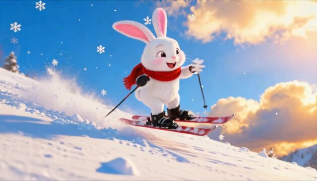 animated rabbit skiing down snowy slope under blue sky perfect for world snow day
