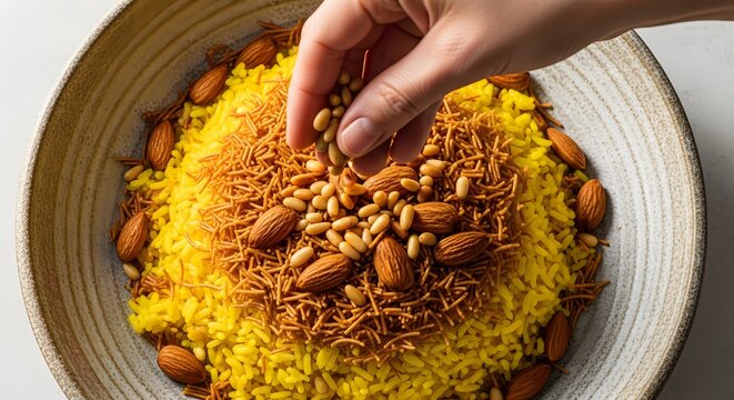 Traditional Lebanese Saffron Rice (Riz bi Sha'riyeh) with Toasted Vermicelli, Almonds, and Pine Nuts