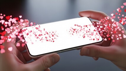 Hands Holding Smartphone with Heart Icons Love Concept