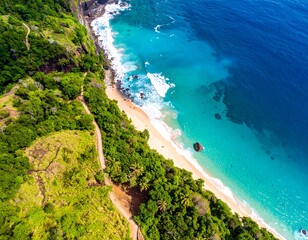 Aerial view of a stunning turquoise beach framed by verdant cliffs
