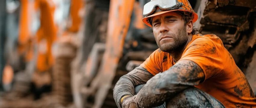 A Caucasian Employee in an Orange Shirt Squats Next to Heavy Equipment