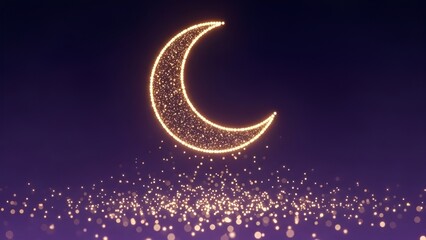 Vibrant golden crescent moon composed of glittering particles, emerging from a shimmering base against a rich purple night, evoking wonder and celebration