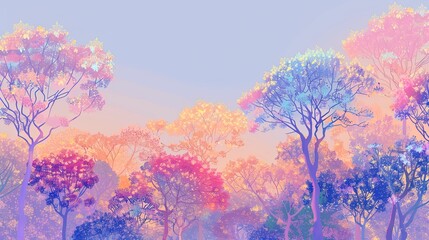 A vibrant digital illustration of trees in soft pastel colors at dusk.