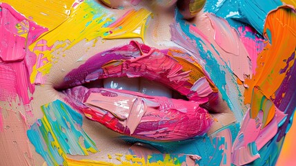 A close-up of colorful paint on lips, showcasing artistic expression and creativity.