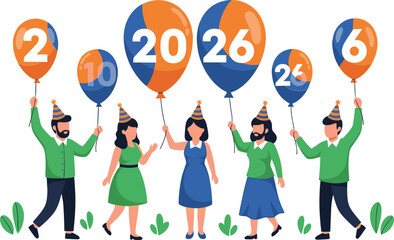 Five people in party hats holding balloons with numbers 2 10 2026 26 6 celebration new year