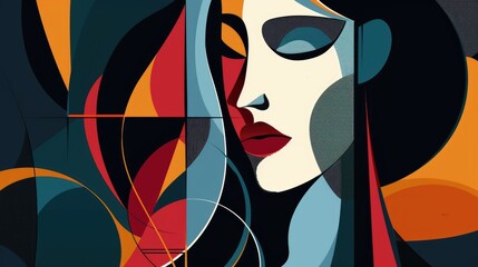 A stylized portrait of a woman with vibrant colors and abstract shapes.