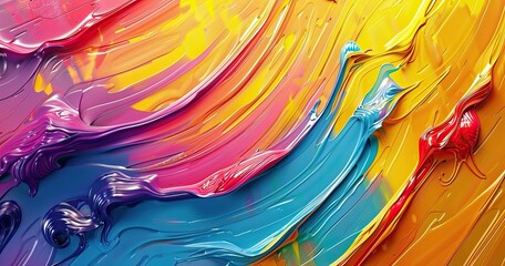 Vibrant abstract paint strokes in bright colors create a dynamic visual texture.