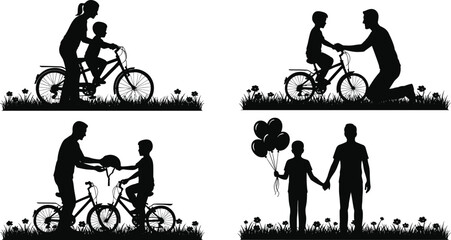 Silhouettes of parents teaching children to ride bicycles and holding balloons family