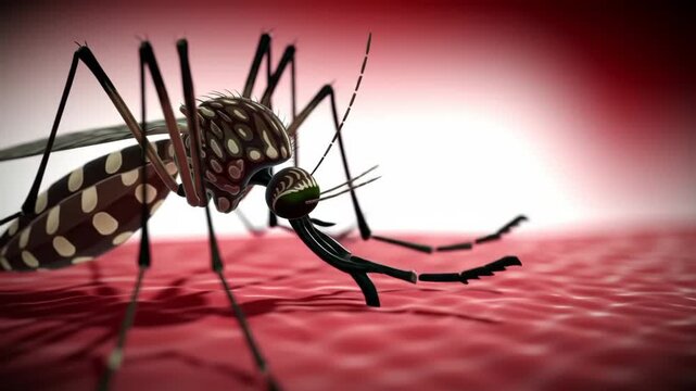 Mosquito biting skin, blood red background, medical, disease, virus, vector, infographic