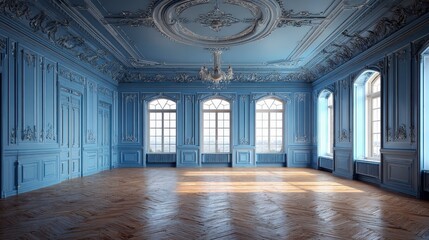 A grand, ornate room with light blue walls, intricate molding, large arched windows, a chandelier, and a wood floor