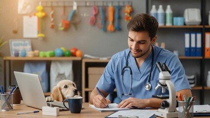 Young Male Veterinarian at Desk with Dog in Veterinary Clinic Environment