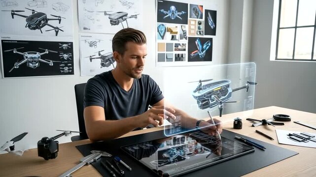 Designer working on drone concepts in modern studio