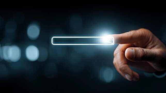 A hand touching an illuminated bar, hinting at a search or loading process against a blurred dark backdrop - Powered by Adobe