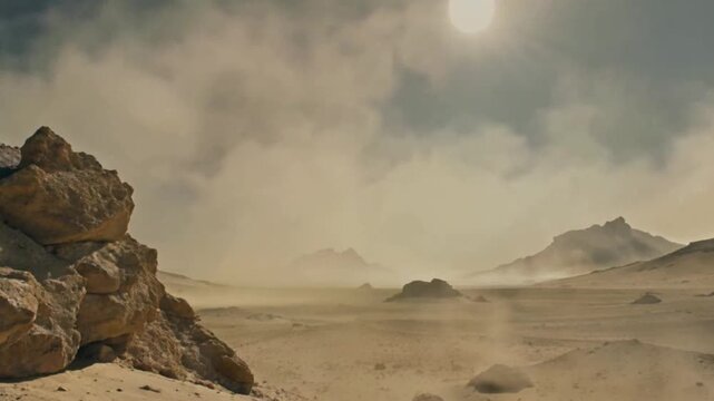 The endless wind and sand sweep across the wilderness, stirring up a sky-darkening grayish-yellow mist of dust