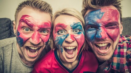 Happy sports fans watching game at home, cheering victory on couch with painted faces, friends celebrating championship win together, teamwork emotion, entertainment and leisure concept