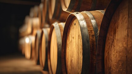 Row of Wooden Wine Barrels in a Cellar.