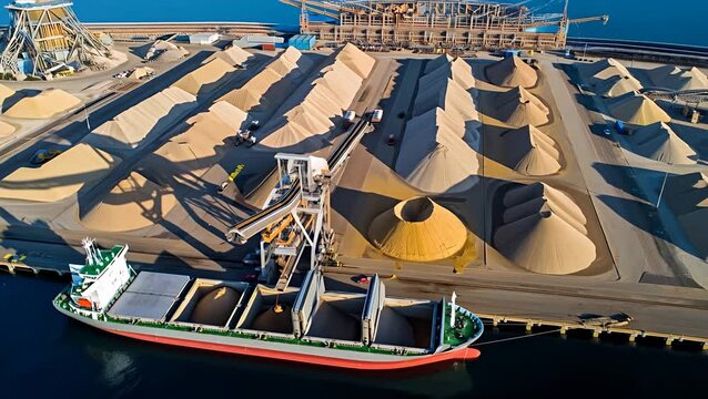 Cargo ship loading bulk materials at industrial port with massive sand piles and conveyor system, bulk.
