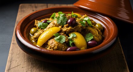 Traditional Moroccan Chicken Tagine with preserved lemons, olives, and cilantro served in an earthenware pot