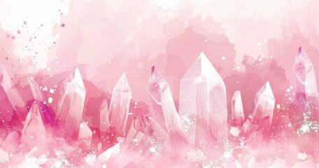 A dreamy pink background featuring various crystal formations.