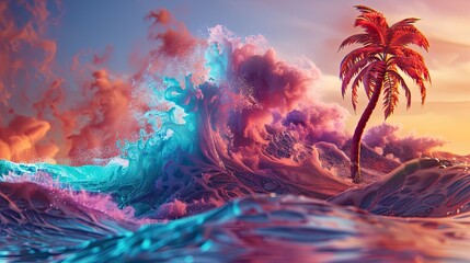 A vibrant sunset scene with colorful waves and a palm tree, evoking a tropical paradise.