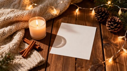 Obraz premium Cozy Winter Candle Scene on Wooden Table