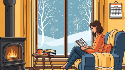 Woman reading book on couch by fireplace snow outside window winter