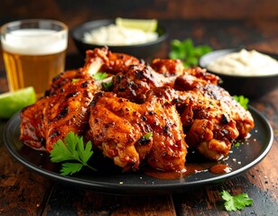 Fototapeta premium Glazed chicken wings on a black plate with lime and beer on a rustic wood table