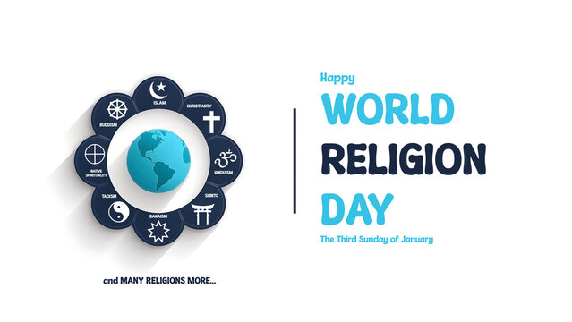 Happy World Religion Day concept, blue 3D globe with religious symbols circle on white background