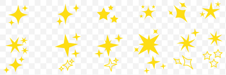 Collection of different vector sparkling stars icon, decorative twinkle and bursts forms, abstract shining flash symbols, glowing light effect, y2k style basic shapes geometric graphic elements