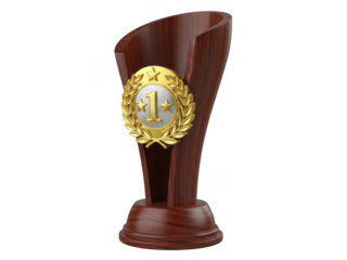 Wooden trophy with first place medal isolated on transparent background for achievement recognition, web, and print use