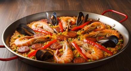 Traditional Spanish Paella with Seafood, Chorizo, Shrimp, and Mussels in a Large Pan on a Wooden Table.