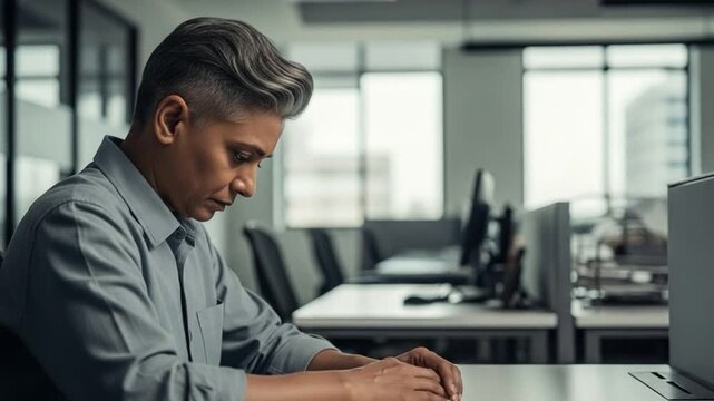 Focused Middle-Aged Male Professional at Office Desk in Modern Workspace