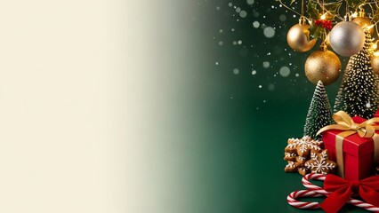 Festive Christmas Decorations Background with Gifts, Ornaments & Holiday Baking Treats