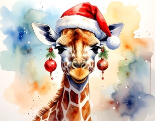 Giraffe wearing Santa hat with Christmas ornaments, in watercolor style against colorful splash