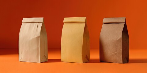 Three Paper Bags: Three neatly arranged paper bags, each a different shade of brown, stand against a rich orange backdrop. The bags, sealed and ready, evoke feelings of simplicity and rustic charm.