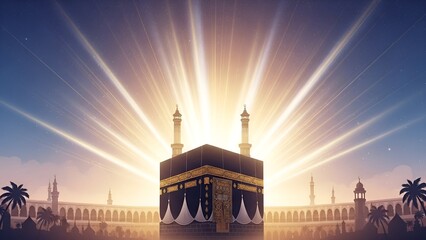 Sacred Kaaba at Mecca bathed in divine sunlight, a symbol of Islamic faith and pilgrimage